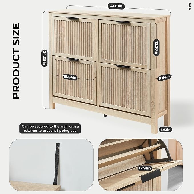 4-Flip Drawer Shoe Cabinet Narrow Entryway Rack, Oak