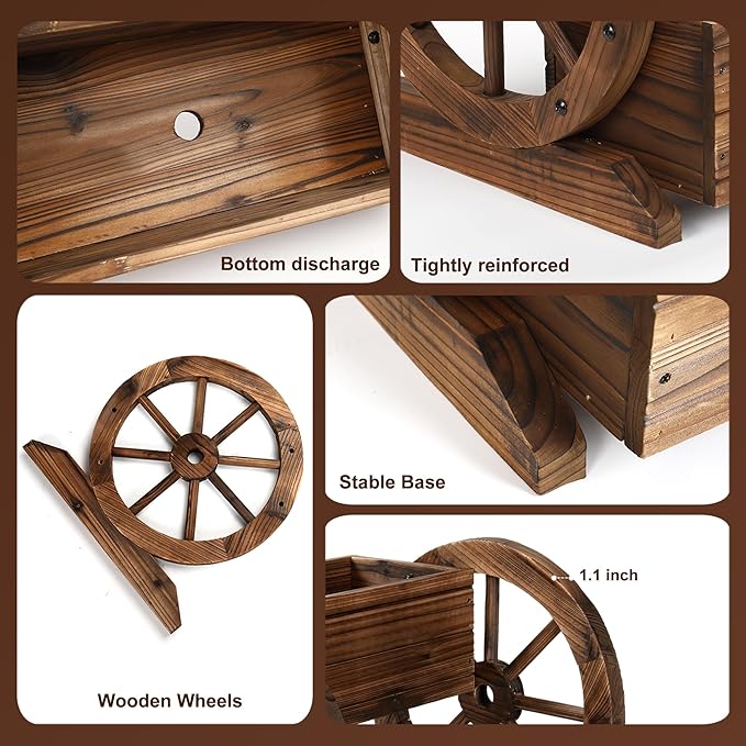 OIPRTGFJ Wooden Wagon Planter Box, Garden Planter with Wheels,Decorative Planter for Flowers Herbs Vegetables for Indoor & Outdoor Décor, Flower Cart for Patio Garden Balcony