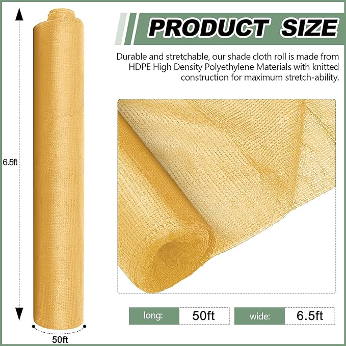 6.5X 50 ft Shade Cloth Roll for Covering Garden 95% Mesh UV Resistant Net with Ties for Patio Outdoor Greenhouse Fence Flower Plant Cover Canopy, Beige