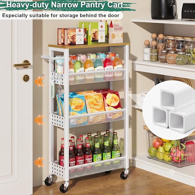 Laundry Room Slim Rolling Cart with Wheels for Between Washer and Dryer Gap | Utility Narrow Laundry Room Organization and Storage Shelves, White Skinny Shelf with Table Top,Detergent Organizer Cabinet