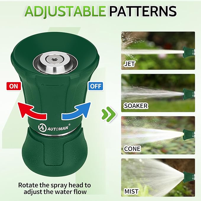 AUTOMAN Garden Hose Nozzle Heavy Duty, 2 Pack Fireman Hose Nozzle, High Pressure Water Hose Sprayer Nozzle, Adjustable Spray Nozzles for Washing Car, Cleaning Ground, Watering Plants, Dark Green