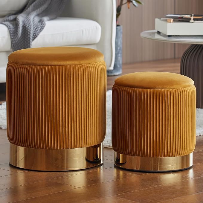 Round Ottoman with Storage, Orange Velvet, Set of 2