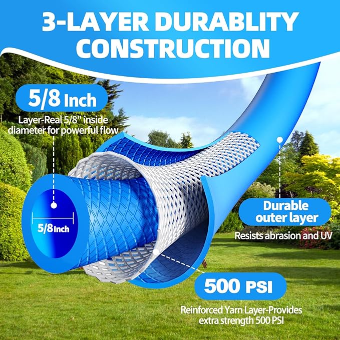 YOTOO Heavy Duty Hybrid Garden Water Hose 5/8-Inch by 75-Feet 150 PSI Kink Resistant, Flexible with Swivel Grip Handle and 3/4" GHT Solid Brass Fittings, Blue