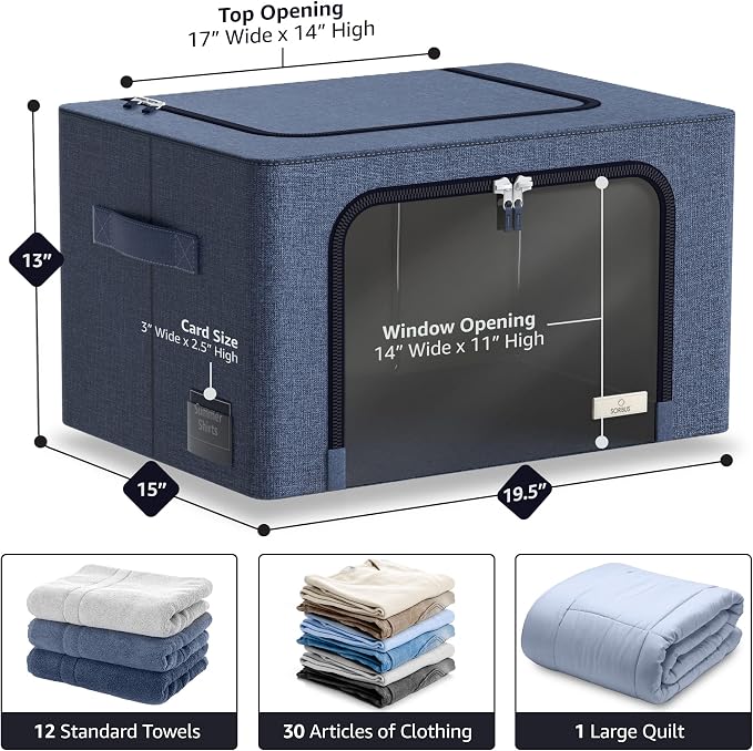 Sorbus Clothing Storage Bins with Clear Window, Metal Frame (6 Pack, Blue) | Oxford-fabric containers with carry handles stack neatly to organize bedding and linens in closets and laundry rooms.