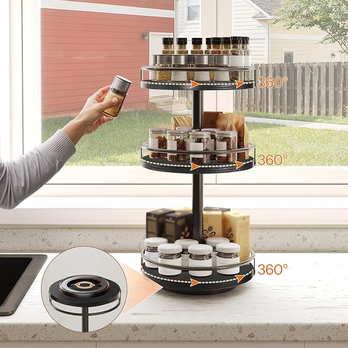 HOOBRO Lazy Susan Organizer, Rotating Spice Rack, 3-Tier Organizer, Turntable Spice Rack, Vertical Storage Organizer, for Kitchen Countertop, Vanity, Dining Table, Black BB09TL01