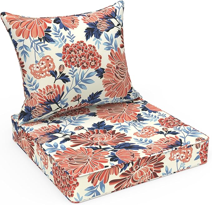 LVTXIII Outdoor Deep Seat Cushion Patio Seat and Back Cushion Set Seasonal Chair Cushion for Dining Arm Chairs, Wicker Chairs and Garden Furniture Decoration, 24"x24"x4", Red Chrysanthemum