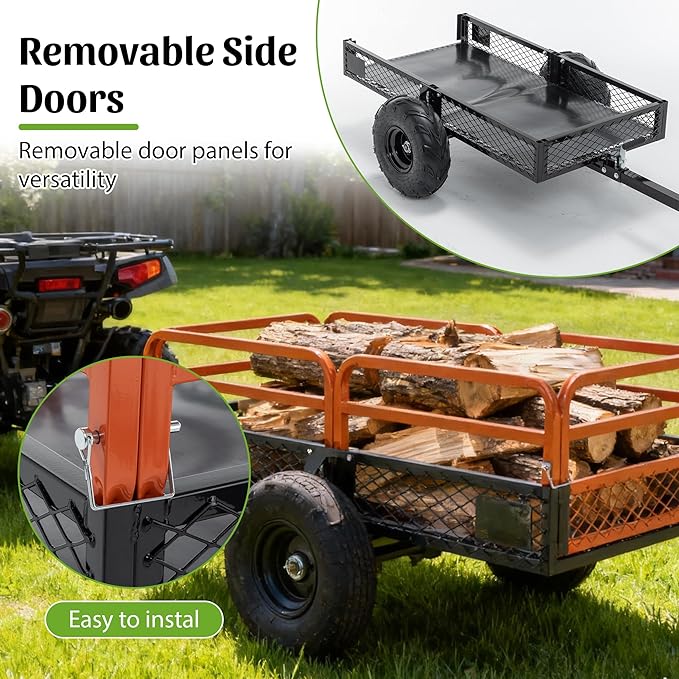 Heavy Duty 1500LBS Capacity 15 Cu.ft Dump Cart Trailer with Dual-Control Dumping for ATV UTV Lawn Tractor Zero-Turn Mower, All-Terrain Pneumatic Tires & Rust Resistant Steel Construction