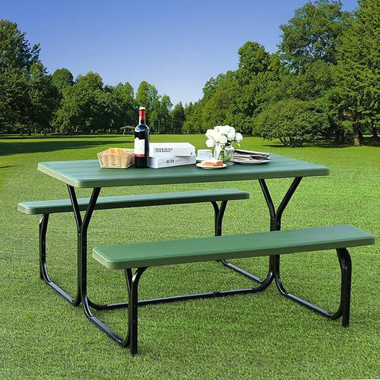 Hysache Picnic Table Bench Set, Patio All Weather Metal Base Camping Table Set w/Wood Texture Tabletop, Steel Frame, Large Camping Picnic Tables for Backyard Poolside Garden Patio Lawn (Green)