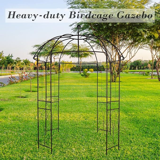 Metal Gazebo Pergola Pavilion Arbor Arch Trellis French Style with Hook 9' Highx 6'6" Wide for Various Climbing Plants Support Outdoor Garden Decoration, Dark Rust