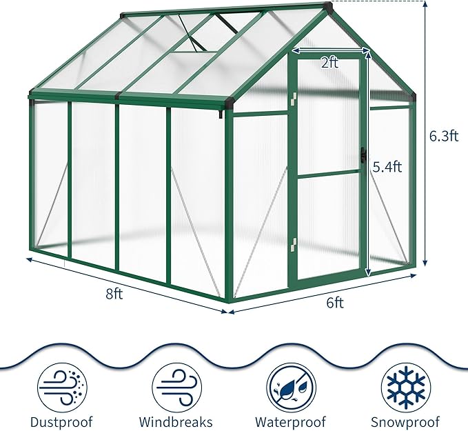 GarveeLife 6X8 FT Greenhouse for Outdoors, Polycarbonate Greenhouse with Roof Vent, Ground Nails, Lockable Push Door, Aluminum Large Walk-in Green House for Outside Garden Backyard, Patio, Lawn, Green