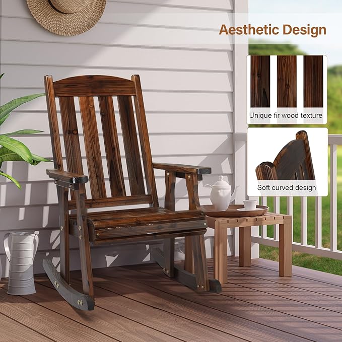 VINGLI Outdoor Rocking Chair, Heavy Duty 600 LBS Wooden Rocking Bench with Comfortable Backrest, Weatherproof Patio Rocker with Ergonomic Design, Wood Rocking Chair for Patio, Garden (Rustic, 1PC)