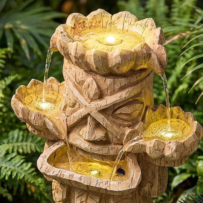 20-Inch Outdoor Water Fountain, 3-Tier Polynesian Tiki Head Resin Waterfall Fountain with 4 Warm LED Lights, Home Art Decor for Garden, Patio, Yard, Deck, Porch, Deck or Lawn in Natural Wood