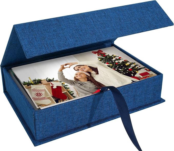 Photo Storage Box 5x7, Keepsake Box - Blue | Linen Material, Connected Lid, for Photos, Certificates, Scrapbooking Supplies, Keepsakes, Jewelry