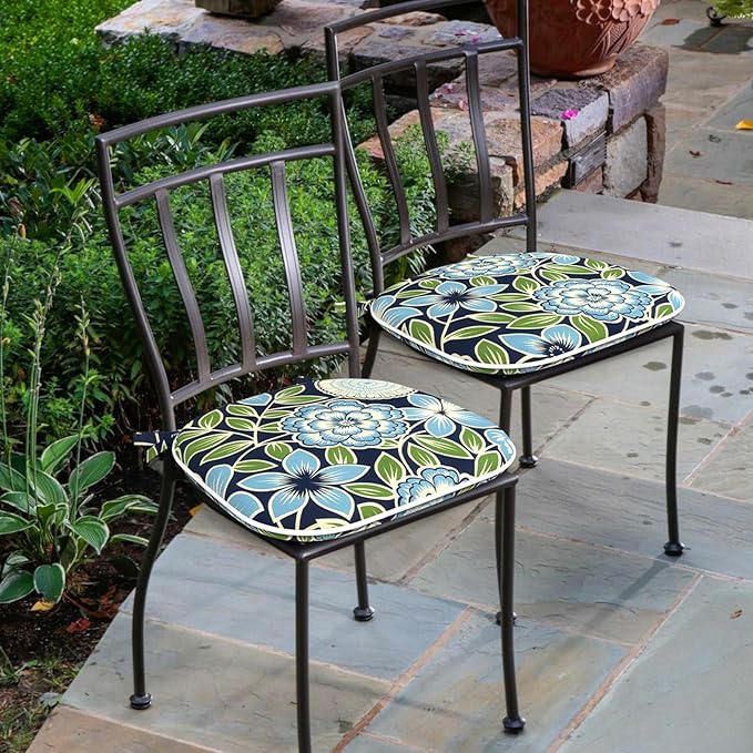 Outdoor 16"x17" Chair Pads Set of 4, Water Resistant Patio Chair Cushions with Ties, Seat Cushions for Home Garden Furniture Decoration, Azure Bloom