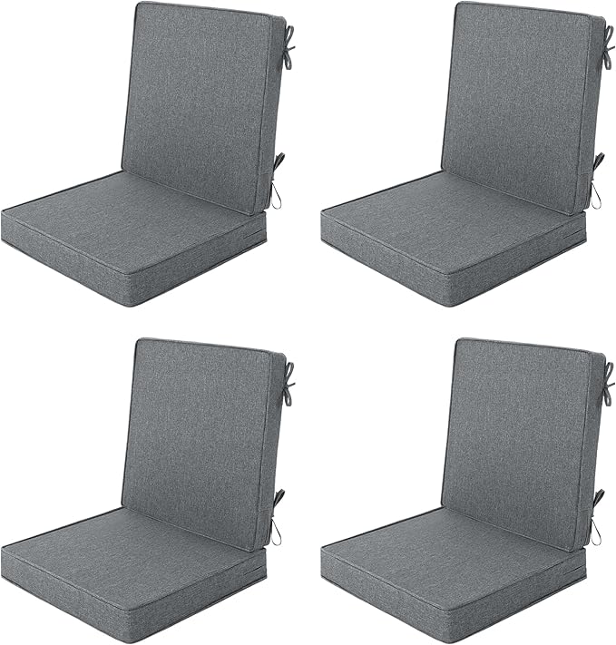 Outdoor Chair Cushions, Water-Resistant & Fade-Resistant, Patio Furniture Lawn Dining Chair Seat Replacement with Mid Back, Ties Zipper, Removable Cover, 18 x 16.5 Inch, Set of 4, Dark Grey