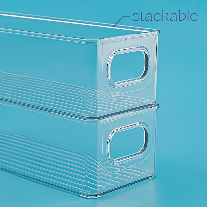Plastic Food Storage Clear Container Bin with Handles for Organizing Kitchen, Pantry, Refrigerator, Freezer, Pantry, Cabinet, Closet, Bathroom. 10"X4"3"