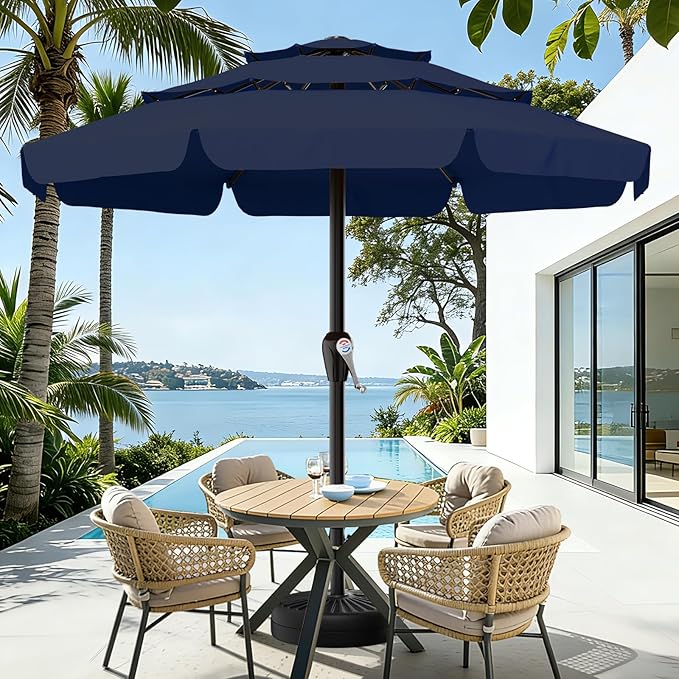 AreShark 12FT 3-Tiers Patio Umbrella with Valance, Outdoor with Crank, Large Outdoor Market Umbrellas Vented with 8 Sturdy Ribs, Patio Table Umbrellas for Garden, Deck, Backyard, Pool, Navy