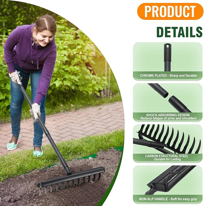 Garden Hoe & Stirrup Hoe, 2-in-1 Weed Puller Gardening Tools with 76" Heavy Duty Long Adjustable Handle, 12 Teeth Hula Garden Hoe with Rake for Weeding, Cultivating, Loosening Soil, Digging & Raking