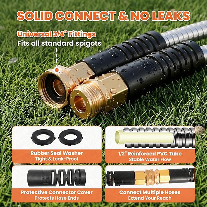 Cesun 75 ft Metal Garden Hose, Stainless Steel Heavy Duty Water Hose With 10 Function Nozzle, No Kink & Flexible, Lightweight and Durable, Rust Proof for Yard, RV, Pet Bath, Outdoor, 75 foot x 5/8"