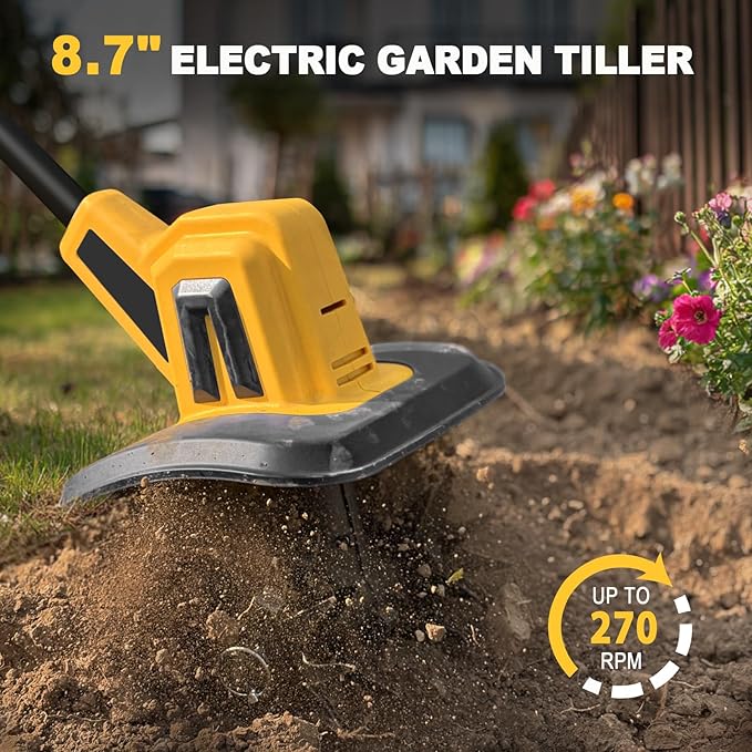 Cordless Tiller Cultivator Compatible with Dewalt 20V Battery(Tool Only), Electric Garden Tiller w/270 RPM, 48 Steel Tines, 8.7" Tilling Width, 6.3" Depth, Portable Rotary Tiller