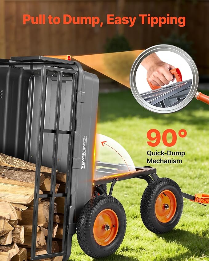 VEVOR Garden Dump Cart 1500lbs 15 Cu.Ft, Heavy Duty Wheelbarrow with Convertible Handle and 16" Flat Free Tires, Outdoor Yard Wagon ATV Trailer Dump Cart Tow Behind for Lawn Mower Tractor