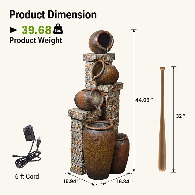 44-Inch Outdoor Water Fountain, 5-Tier Floor Standing Cascading Jars and Stacked Stones Resin Waterfall Fountain with 4 LED Lights, Home Decor for Garden, Patio, Yard, Farmhouse or Deck in Brown
