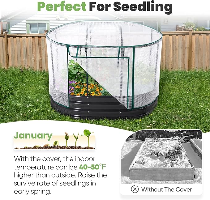 KING BIRD Raised Garden Bed with Cover Galvanized Oval Planter Garden Box Outdoor for Gardening, Vegetables, Flowers 4x3x1 Ft, White, GB-22W