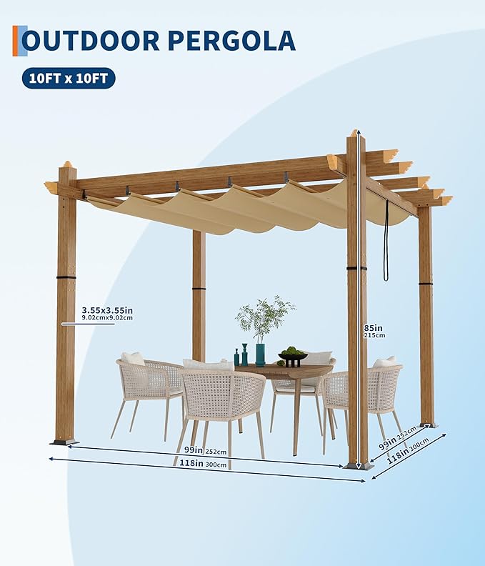 GarveeLife 10 x 10 ft Wood-Grain Aluminum Pergola Outdoor Pergola with Retractable Canopy for Garden Patio Backyard Deck - Khaki
