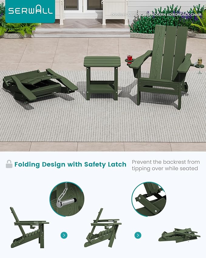 SERWALL Modern Adirondack Chair, Folding Adirondack Chair with Dual Cup Holders, Outdoor HDPE Fire Pit Chair for All Weather Use, Avocado Green