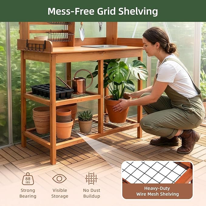 OOOK Potting Bench, Nordic Scots Pine Potting Table with Sliding Tabletop, Removable Sink, Workstation for Outside Patio Lawn, Wooden Garden Work Station