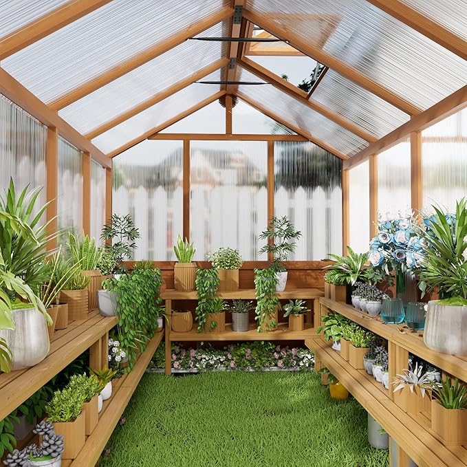 6x12 FT Wooden Greenhouse ,Natural Wood Garden House for Plants,Heavy Duty Green House with Polycarbonate Panel, Walk-in Large Garden Greenhouse for Yard, Patio, and Backyard