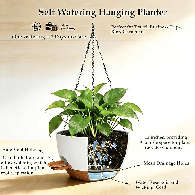 12 Inch Self Watering Hanging Planters 2 Pack, Indoor Outdoor Hanging Pots for Plants with Drainage Holes & Saucers, White Brown Plastic Hanging Baskets for Kitchen Balcony Garden