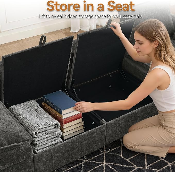 80" Storage Modular Sectional Couch, Cloud 3-Seat Sofa with Chenille, Comfy Modern Couch with Hidden Storage for Living Room, Apartment, Spacious, Dark Grey