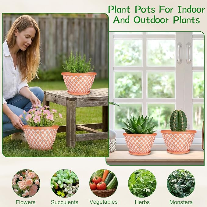 Nooulap 6 Pack 8 Inch Plant Pot, Flower Pots for Indoor Outdoor, Durable Decorative Planters for House Garden Plants Herbs Flowers Succulents, Orange and White Checkered Design
