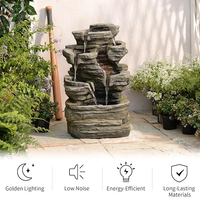 Bumilgar 6-Tier Cascading Rock Water Fountain Outdoor Garden Waterfall Decor for Garden, Patio, Backyard, Deck, Porch and Home Art Decor,24.4" H Outdoor Fountain with Lights