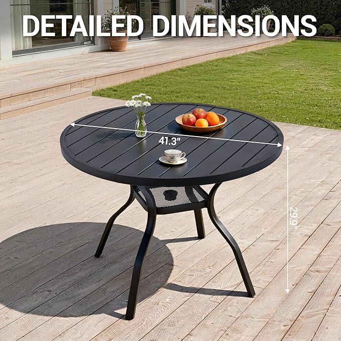 41" Outdoor Dining Table for 4 Person, Metal Round Patio Dining Table with Adjustable Umbrella Hole for Garden, Partitioned Storage Shelf, Backyard and Porch, Black