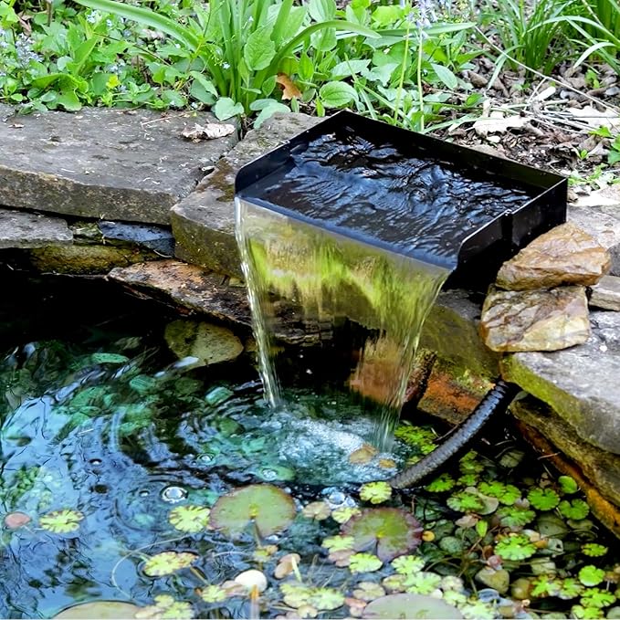 POPOSOAP Pond Waterfall with Pump Kit, 304 Stainless Steel Waterfall Spillway with 40W 660GPH Pump, Pond Spillway with 9.8FT Corrugated Tubing for Garden (12inch)-P43