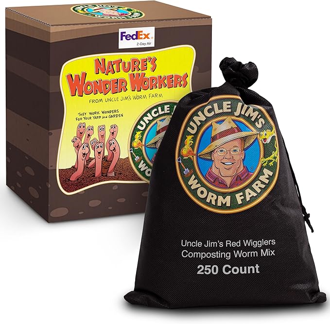 Uncle Jim's Worm Farm 250 Count Red Wiggler Composting Worms Mix for Garden Soil or Fishing | Starter Pack of Compost Worms Improves Soil Structure and Quality for Healthier Gardens