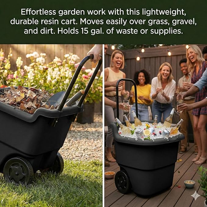 15-Gallon Rolling Garden Cart & Utility Wagon – Lightweight Resin Yard Waste Bin with Telescoping Handle & 7-Inch Wheels – Portable Outdoor Organizer for Lawn, Mulch, Firewood (Black)