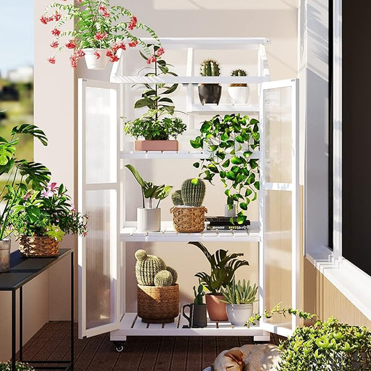 Mini 4-Tier Greenhouse with Locking Wheels, 62 Inch Height Portable Wooden Green House Cold Frame with Adjustable Shelves and Vent, Small Garden House for Outdoor Indoor, White