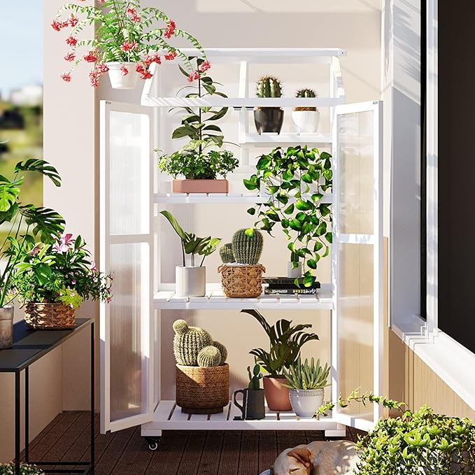 62'' H Wood Greenhouse for Outdoors, Portable Cold Frame Greenhouses with Wheels & Adjustable Shelves for Indoor, Garden, Patio Balcony,Easy Assembly,White