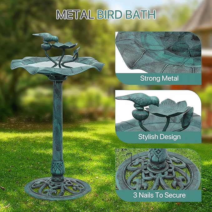 Athena Collection 35'' Height Bird Bath Vintage Pedestal Birdbath 5L Water Bird Fountain Polypropylene Lotus Accents Bird Bath Bowl Outdoor Decor 2 Tier Birdbath for Outside, Patio, Garden, Green