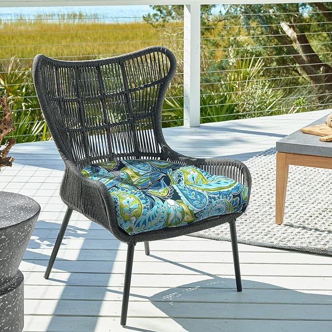 DYTXIII Set of 2 Outdoor Chair Cushions 19"x19"x4", Water Repellent Tufted Patio Seat Cushions with Ties, Thick Replacement Pads for Wicker Dining Chairs, Patio Furniture, Paisley Lapis Green