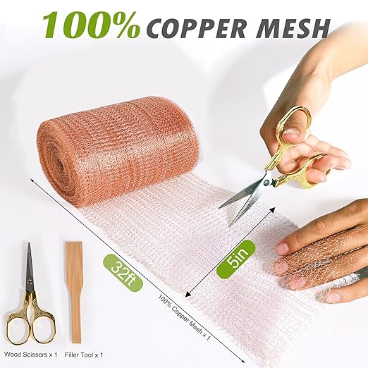 Copper Mesh Rodent Control Copper Wool for Slugs Mice Pest Snail Bird Control 5" x 32 ft Copper Wire for Weep Hole Covers Rodent Mesh