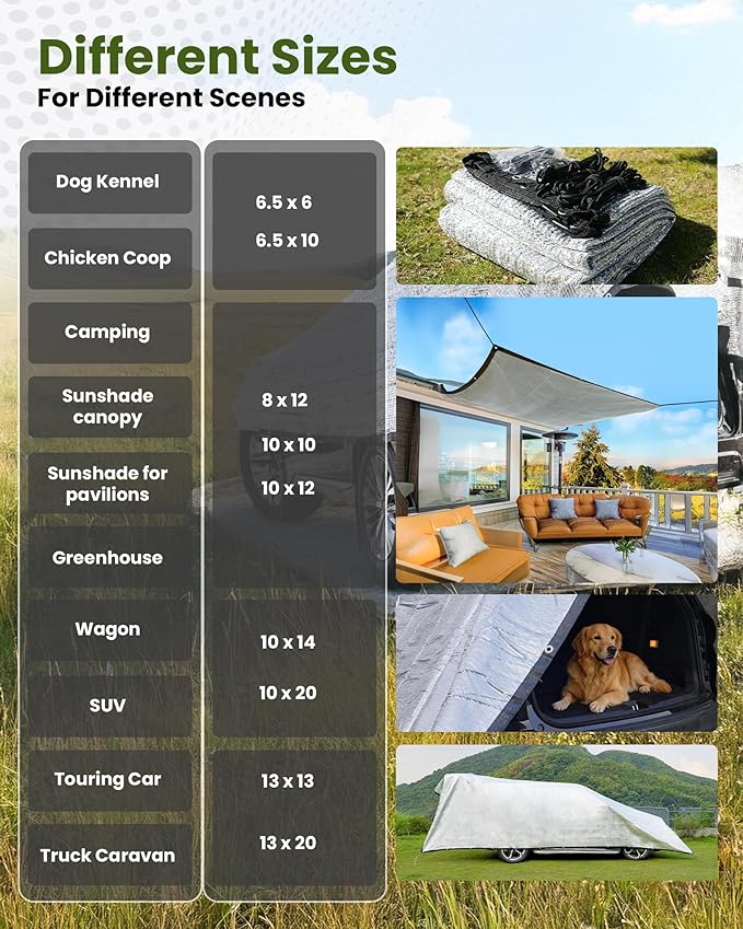 99% Aluminet Shade Cloth 6.5'x6' Aluminum Shade Cloth Heat Protection Reflective Tarp Aluminet Car Shade with Elastic Cord & Nylon & Rope Nails Suitable for UV Protection for Outdoor Use