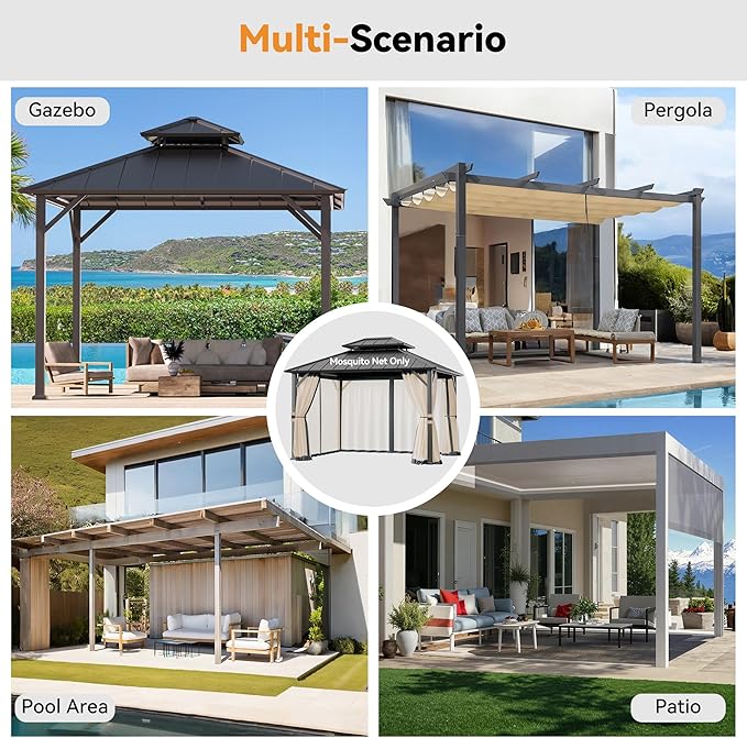 Covered Outdoor Universal Gazebo Mosquito Netting Replacement - 10' x 12' 4-Panel Screen Walls with Double Zipper for Outdoor Patio Canopy Garden Gazebos, Slate Gray and Beige