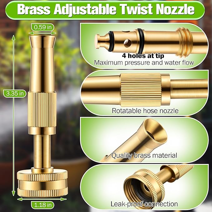 4 Pcs Garden Hose Nozzle Kit, 4" Brass Adjustable Twist Nozzle, Brass Hose Shut Off Valve with 10 Rubber Washers, Heavy Duty High Pressure Nozzle 3/4" GHT Connector for Garden Sprinkler