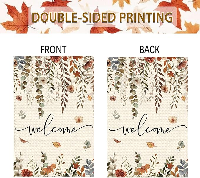 Fall Thanksgiving Harvest Eucalyptus Floral Welcome Garden Flag 12 x 18 Inch Double Sided, Autumn Flower Burlap Small Yard Flag Farmhouse Seasonal Holiday Patio Outdoor Outside Decoration