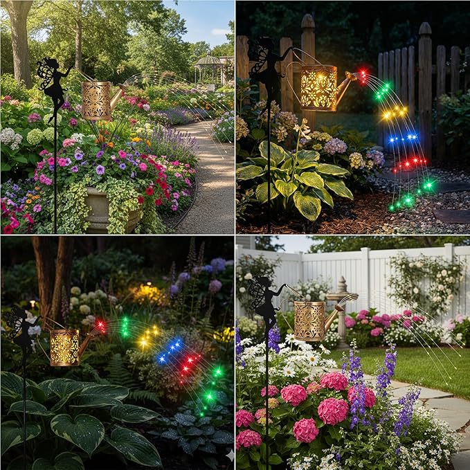 Solar Watering Can with Cascading Lights Outdoor Garden Decor,Waterproof Solar Lantern with Fairy Shepherd Hook,Solar Fairy Lights Outdoor Decoration,Unique Garden Gifts for Women, Flow RGB