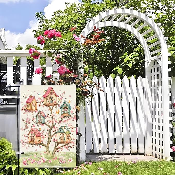Baccessor Spring Birds Garden Flag Double Sided 12.5 x 18 Inch Burlap with Clip and Stopper,Pink Floral Flower Tree Flag Seasonal Farmhouse Front Yard Lawn Outside Outdoor Decoration